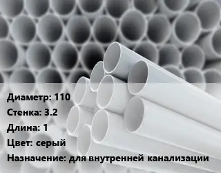 Труба ПВХ, поливинилхлорид 110 s=3.2 L=1 серый для внутренней канализации